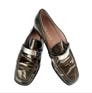Vintage Y2K PRADA Patent Leather Square Toe Classic Loafers Sz 9.5/40 Dk Olive